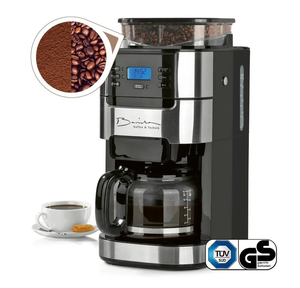 Barista Kaffeemaschine mit Mahlwerk mit verstellbarem Mahlwerk & Glaskanne, 24h Timer & Permanentfilter, 0.03l Kaffeekanne, Kaffeemaschine für Bohnen & Pulver