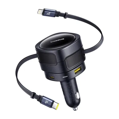 Auto-Ladegerät Baseus 90W Schwarz mit Integrierten USB-C- und Lightning-Kabeln