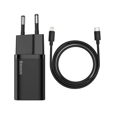 Baseus 1C Super Si 20W USB-C-Ladegerät mit Schnellladung und 1M Lightning-Kabel Schwarz
