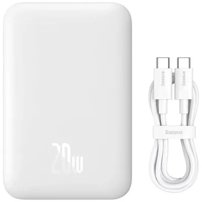 Baseus magnetische kabellose Powerbank mit Schnellladetyp USB-C, 6000 mAh, 20 W, Farbe Weiß (mit USB-C-auf-USB-C-Schnellladekabel, 30 cm, weiß)