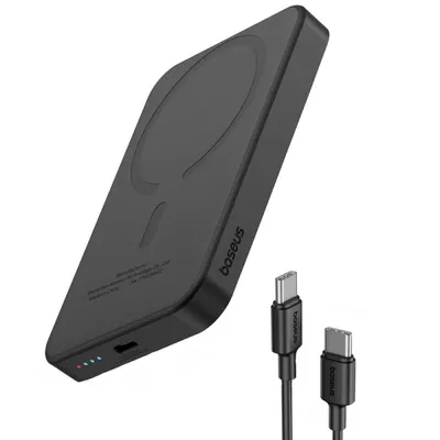 Baseus Powerbank 5000mAh mit MagSafe Wireless Charging 20W Schwarz + USB-C auf USB-C Kabel 30cm Schwarz