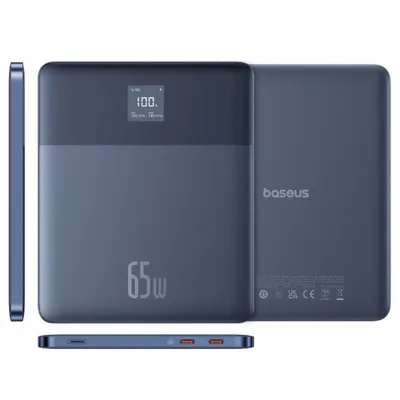 Baseus Blade2 externer Schnellladeakku für Laptops mit intelligenter Digitalanzeige 12000 mAh, 65 W Blau (mit Baseus Schnellladekabel USB Typ-C auf Typ-C 100 W (20 V/5 A) von 50 cm Weiß)