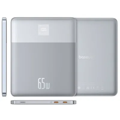 Externer Baseus Blade2-Akku für Laptops mit Schnellladung mit intelligenter Digitalanzeige 12000 mAh, 65 W in Silber (mit Baseus-Schnellladekabel USB Typ C auf Typ C 100 W (20 V/5 A) von 50 cm Weiß)