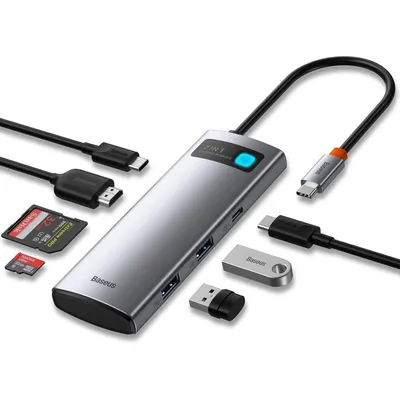 Baseus Metal Gleam 7 in 1 DockStation USB-C 100W auf USB-C PD/HDMI/USB 3.0/Kartenleser Grau