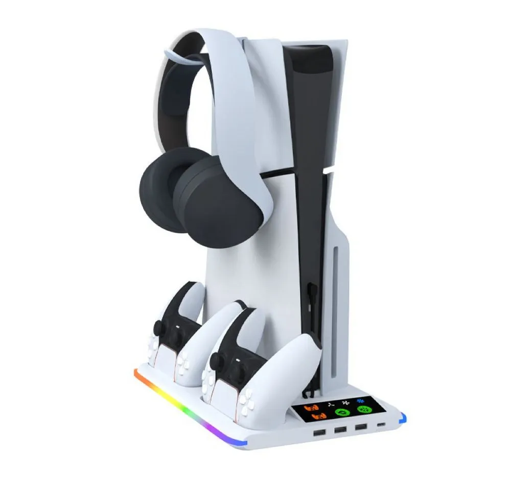 BBG PS5 Kühlständer für PS5 / PS5 Slim / PS5 Pro Ladestation (2800 mA, mit Headset-Halter & USB-Hub, Geräuscharm Lüfter, für PS5, PS5 Slim und PS5 Pro (Digital & Disc), mit Dual-Controller-Ladestation, RGB-Beleuchtung)