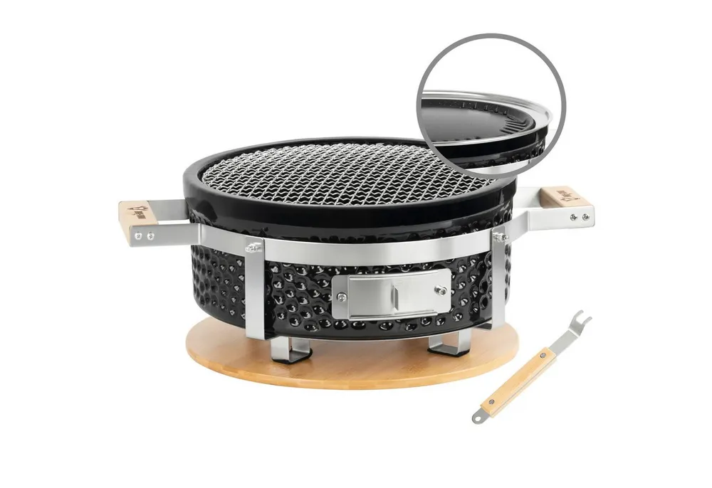 BBQ-Toro Tischgrill Keramik Tischgrill Rund, Ø 29,5 cm, Japanischer Grill mit Holzunterlag, Optimale Hitzespeicherung durch dickwandige Keramikhülle