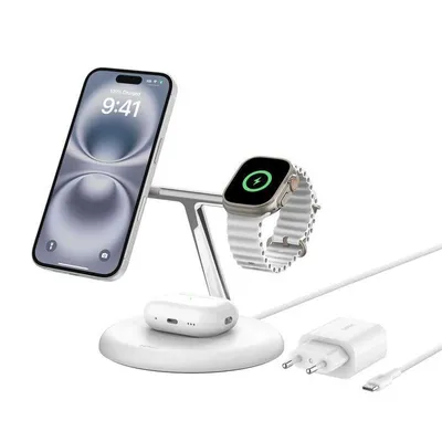 BoostCharge Pro Kabellose magnetische 3-in-1-Ladestation mit Qi2 (15 W), Weiß