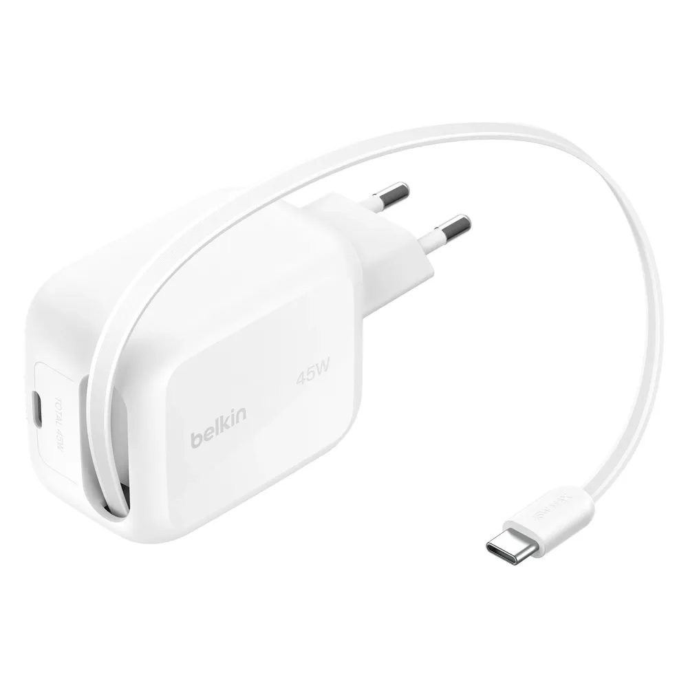 Belkin BoostCharge Pro Ladegerät 45 W USB-C Weiß + USB-C Einziehbares Kabel 0