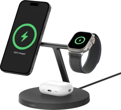 Belkin Boost Charge Pro MagSafe und Qi2 3-in-1 Kabelloses Ladegerät 15 W mit Ständer Schwarz