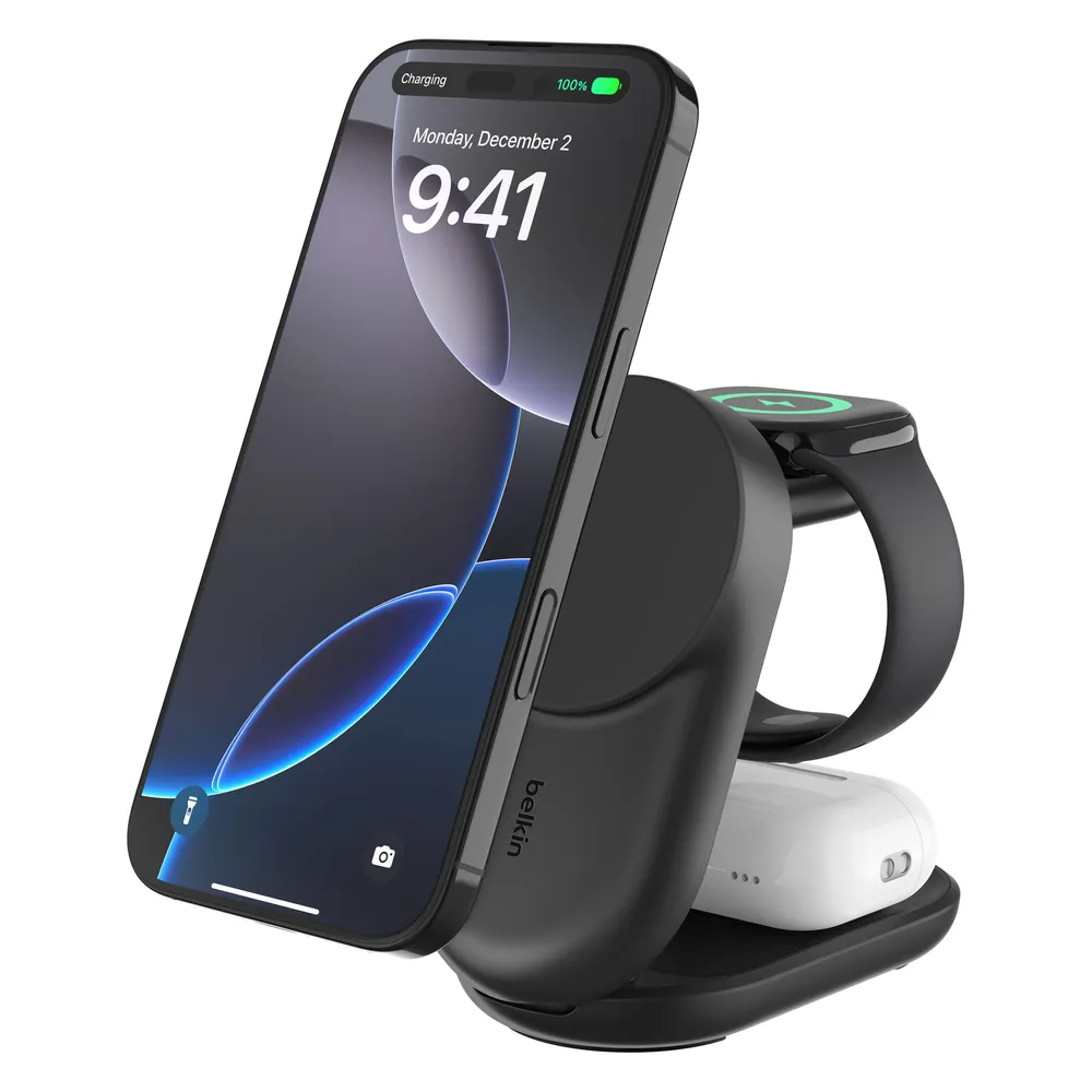 Belkin UltraCharge 3-in-1 MagSafe Kabelloses Ladegerät mit Ständer Qi2 25 W Schwarz