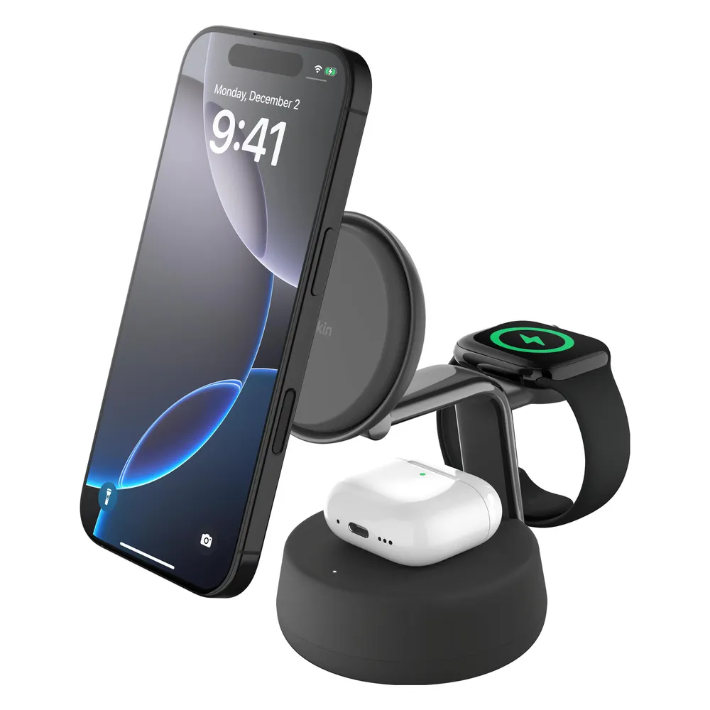 Belkin UltraCharge 3-in-1 MagSafe Kabelloses Ladegerät mit Ständer Qi2 25 W Schwarz