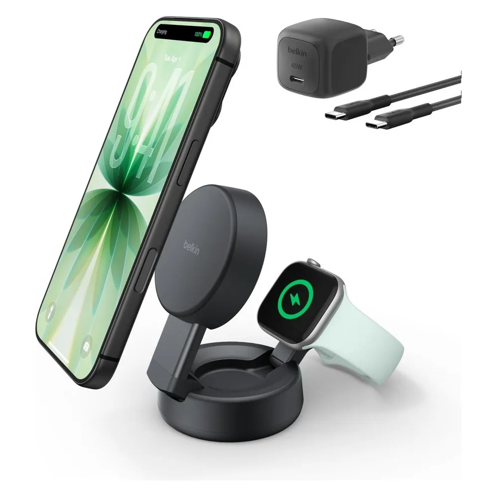 Belkin UltraCharge Pro 2-in-1 MagSafe Kabelloses Ladegerät mit Ständer Qi2 25 W Schwarz