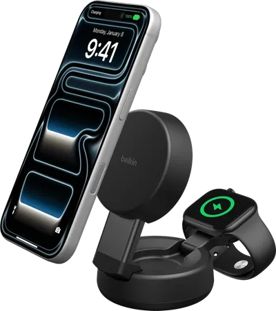 Belkin UltraCharge Pro 2-in-1 MagSafe Kabelloses Ladegerät mit Ständer Qi2 25 W Schwarz