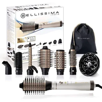 Warmluftbürste Bellissima Air Wonder 1000W Keramik Ionen Keratin 2 Temperaturstufen 8 Aufsätze Kaltluft Weiß-Gold