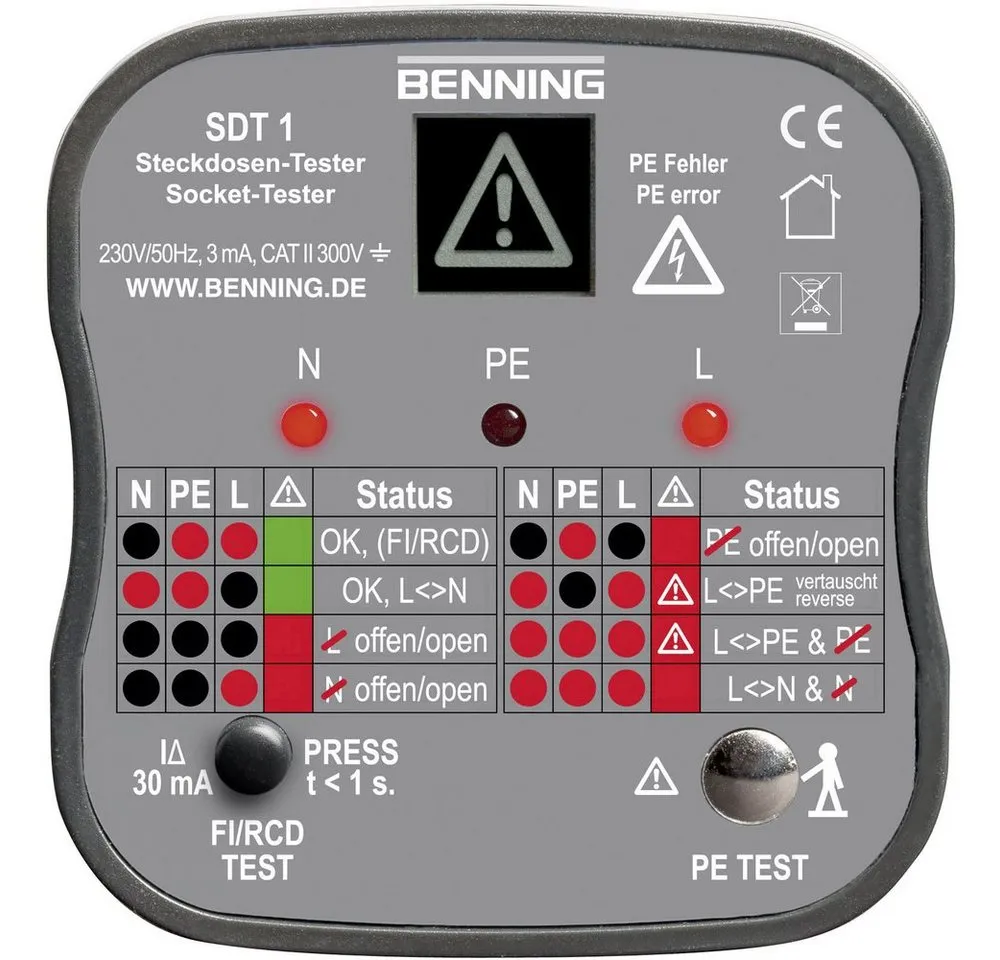 Benning Spannungsprüfer Benning SDT 1 Steckdosentester CAT III 300 V LED, LCD,