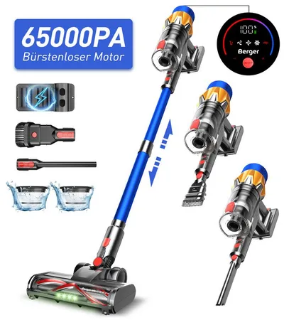 BERGER ELECTRONICS Akku-Hand-und Stielstaubsauger Akku Staubsauger, Staubsauger Kabellos, 65000 Pa/600W, 70min Laufzeit, Bodenstaubsauger, Kabelloser Staubsauger, Weihnachtsgeschenk