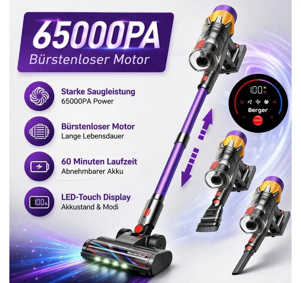 BERGER ELECTRONICS Akku-Stielstaubsauger Akku Staubsauger, Staubsauger Kabellos, 65000 Pa/600W, 70min Laufzeit, 600 W, beutellos, Bodenstaubsauger, Hochwertige Verarbeitung