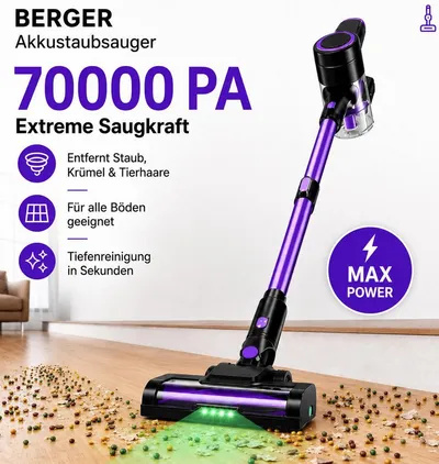 BERGER ELECTRONICS Stielstaubsauger Staubsauger Kabellos, Akku Staubsauger, Akku-Stielstaubsauger, beutellos, 70000 Pa, 60 min Laufzeit, Handstaubsauger