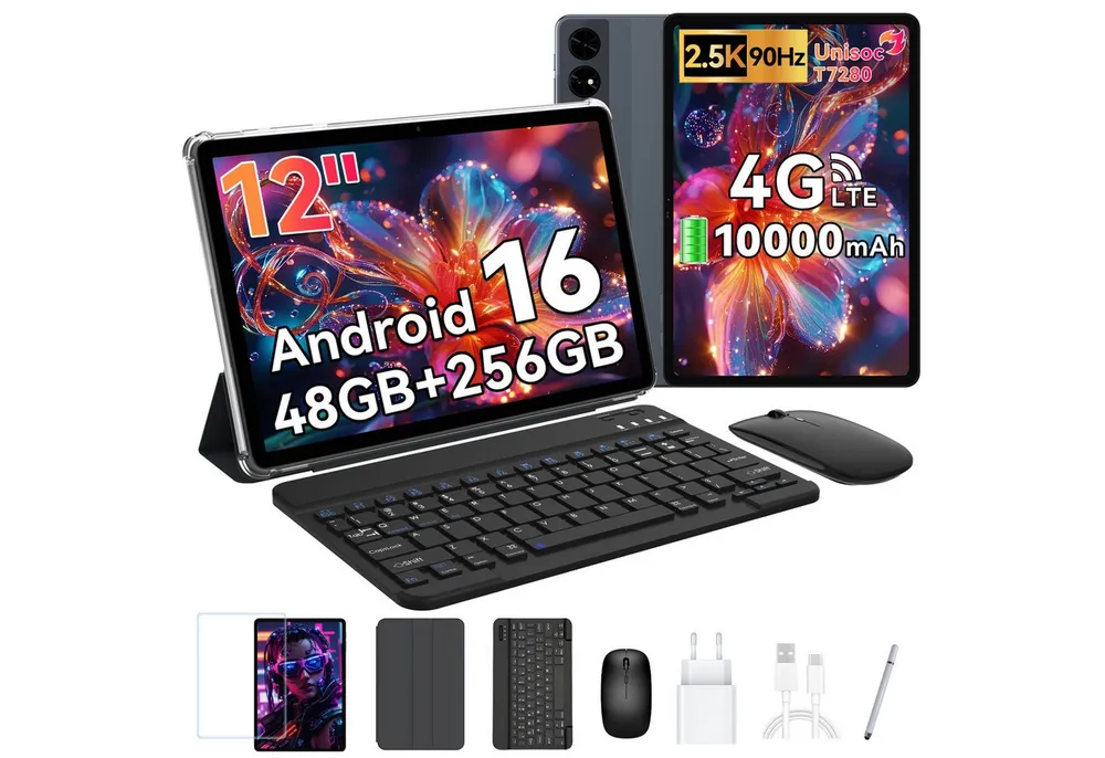 BESTTAB T60 12,2" Android 16 5GWIFI 4G LTE Tastatur/Maus/Hülle Tablet Tablet (12.2", 256 GB, Andriod 16, Android 16,4G LTE,10000 mAh,KI-Unterstützung, mit Zubehör)