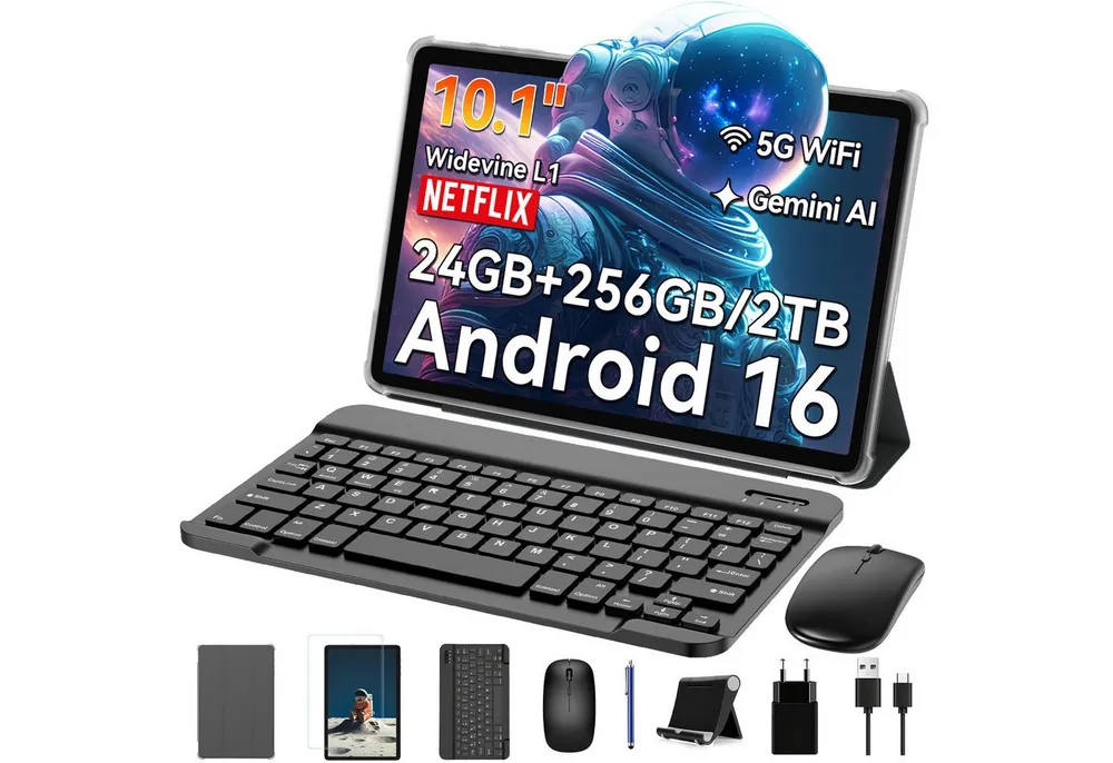 BESTTAB TABWEE Tablet 10" Android 16 Set WiFi 256GB Tablet (10", 256 GB, Android 16, Android 16, mit Stift/Maus/Tastatur, Gemini Al)