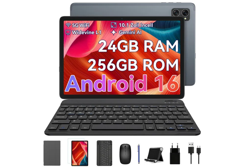 BESTTAB TABWEE Tablet 10" Android 16 Set WiFi 256GB Tablet (10", 256 GB, Android 16, Android 16, mit Stift/Maus/Tastatur, Gemini Al)