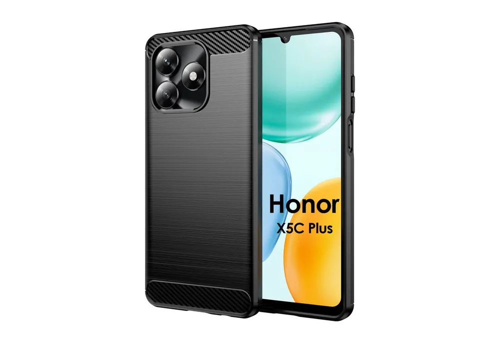 betterfon Handyhülle Carbon Hülle für Honer X5C/ X5C Plus TPU Silikon Back Cover Schwarz, Carbon-Look – stoßfestes Case mit Air-Cushion & Metall-Optik