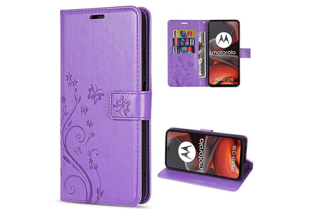 betterfon Handyhülle für Motorola Moto G15 / G15 Power Handytasche, Bookstyle-Hülle: Magnetverschluss 3 Kartenfächer & Standfunktion