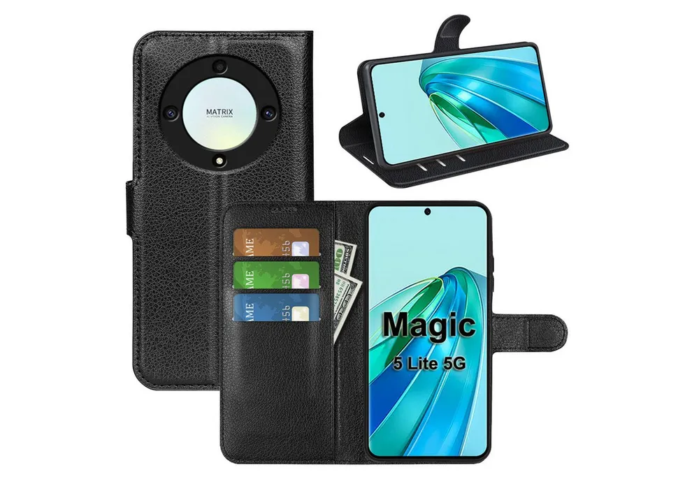 betterfon Handyhülle Handytasche für Honor Magic 5 Lite 5G Klapphülle Schwarz, 3 Kartenfächer, Magnetverschluss & Standfunktion im Lederlook