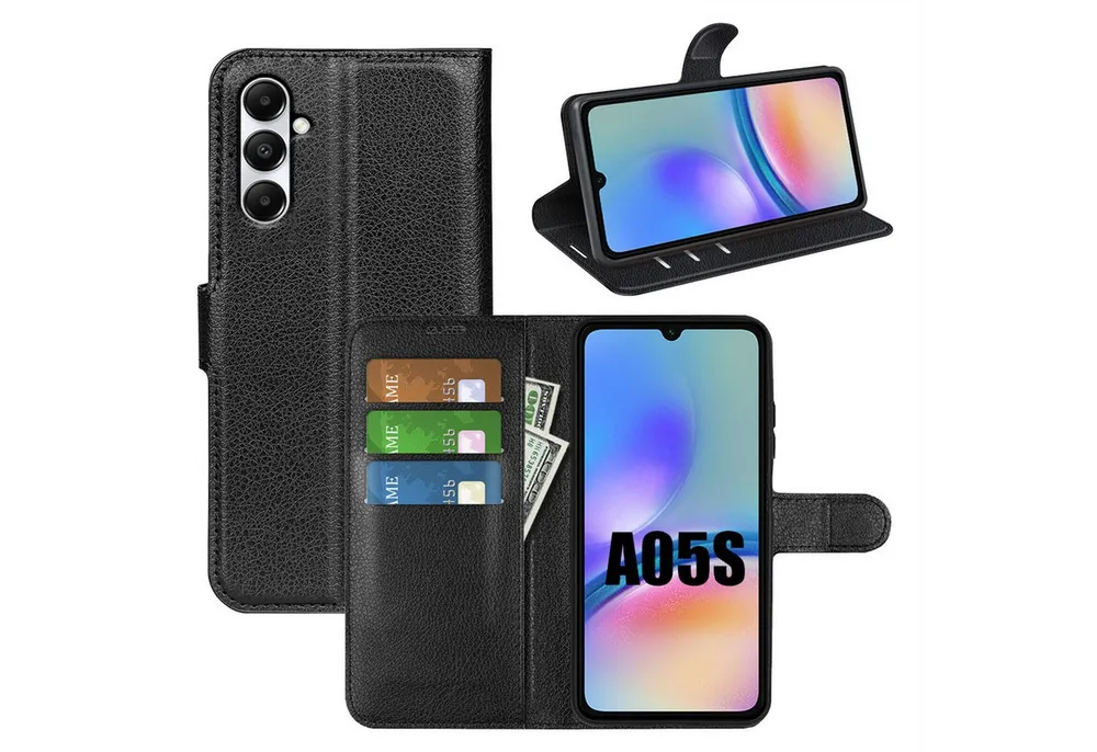 betterfon Handyhülle Handytasche für Samsung Galaxy A05s Klapphülle Schwarz, 3 Kartenfächer, Magnetverschluss & Standfunktion im Lederlook