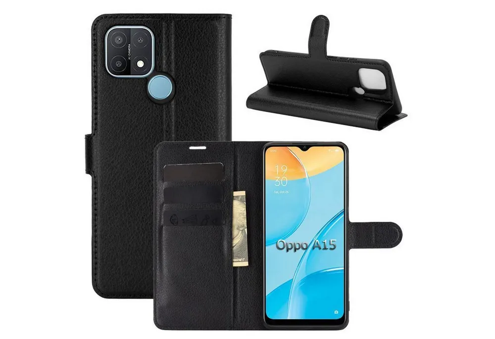 betterfon Handyhülle Handytasche für Oppo A15 Klapphülle Flip Case Schwarz, 3 Kartenfächer, Magnetverschluss & Standfunktion im Lederlook