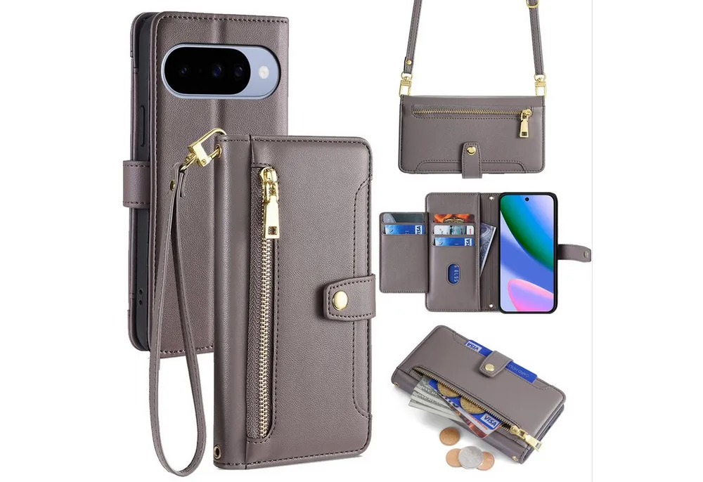 betterfon Handykette für Google Pixel 10 / 10 Pro mit Band Kartenfächer PU Leder Grau, Hände frei - mit Silikonhülle & Schnur für flexiblen Alltag