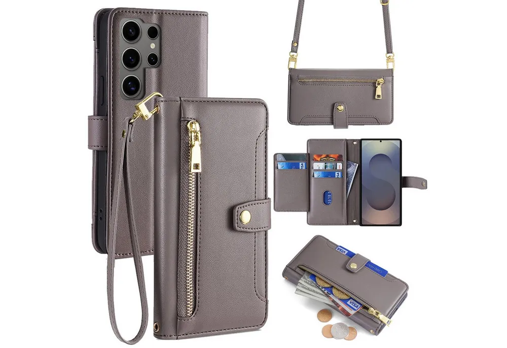 betterfon Handykette für Samsung Galaxy S25 Ultra mit Band Kartenfächer PU Leder Grau, Hände frei – mit Silikonhülle & Schnur für flexiblen Alltag