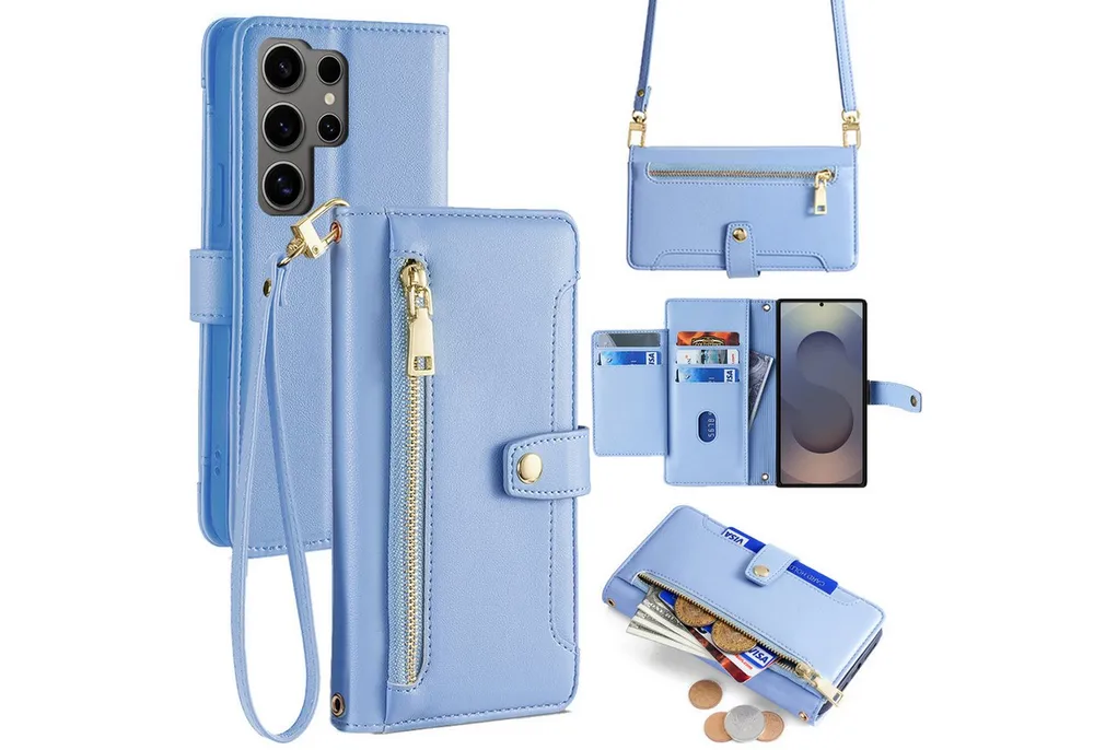 betterfon Handykette für Samsung Galaxy S25 Ultra mit Band Kartenfächer PU Leder Hellblau, Hände frei – mit Silikonhülle & Schnur für flexiblen Alltag