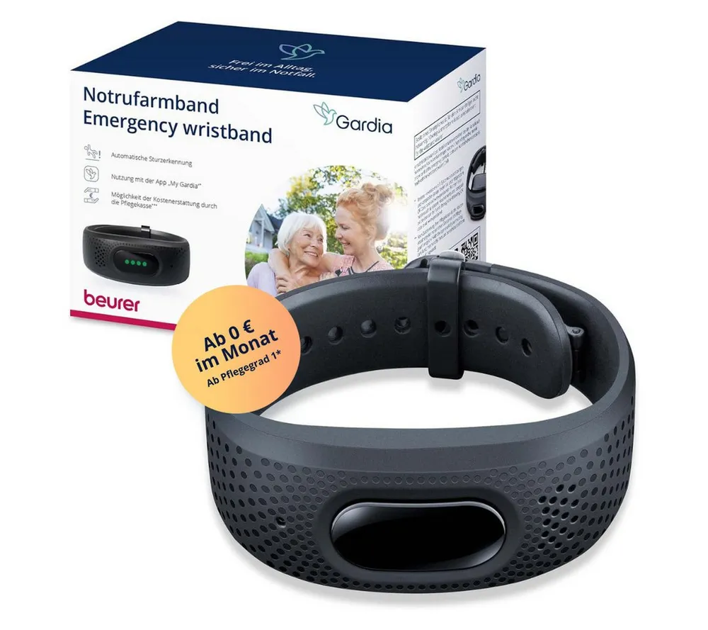 BEURER Gardia Notrufarmband mit Sturzerkennung und 24h Notrufservice mit Abo Seniorenhandy (Notrufsystem aus Armband & App Zuhause & unterwegs mit ABO Ihrer Wahl)