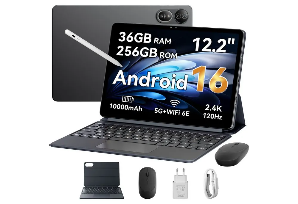 blackview 12,2" Tablet für Streaming & Fußball WM – Full HD, lange Akkulaufzeit Tablet (256 GB, Android16, 5G, 4G LTE, PC-Modus 3.0, Android 16, WiFi 6E, 10000mAh, 2,4K, Dimensity 7200)