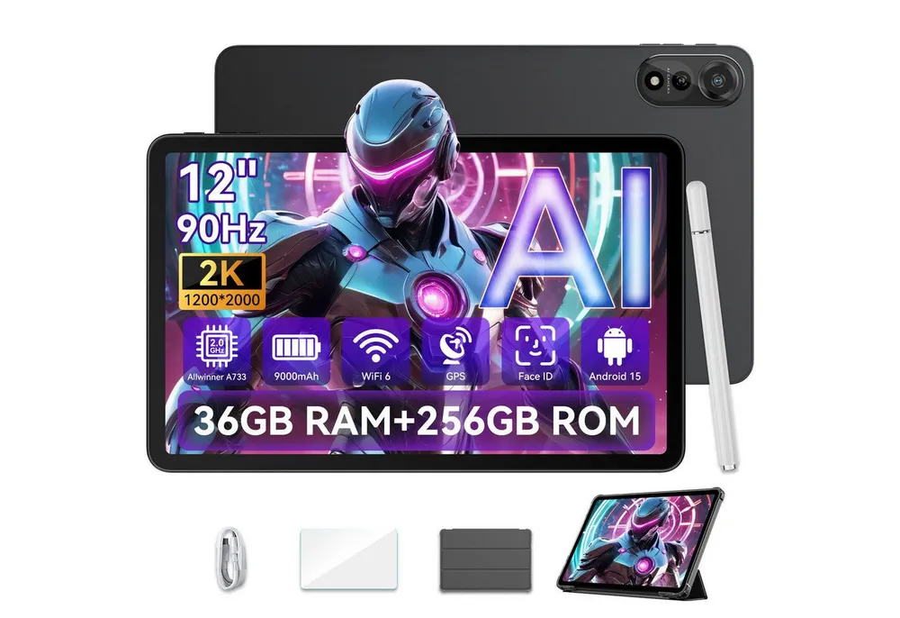 blackview 12” Mega Tablet Android 15 2K 90Hz Tablet (256 GB, 2K, Android 15, 9000mAh, Gemini AI 2.0, PC Mode 2.0, Face ID)