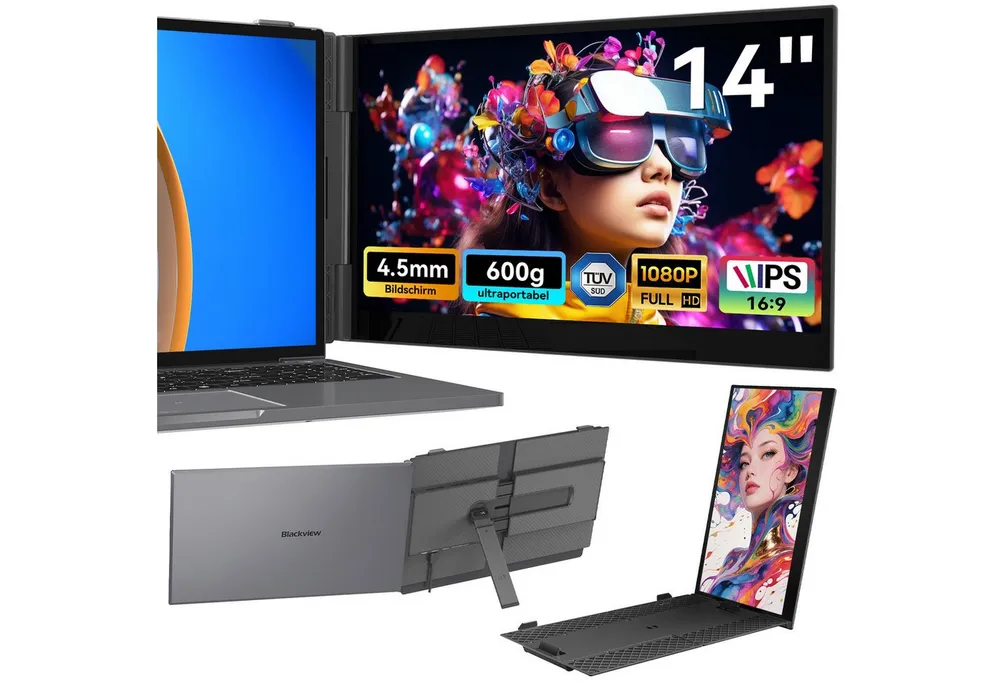 blackview 14" FHD Gaming Monitor, Ultra-dünne, Laptop Bildschirm Extender Portabler Monitor (1920x1080 px, Full HD, IPS, 600g, 180°, 13,3-17,3 Zoll & Windows/Mac/Android/Chrome-Kompatibilität)