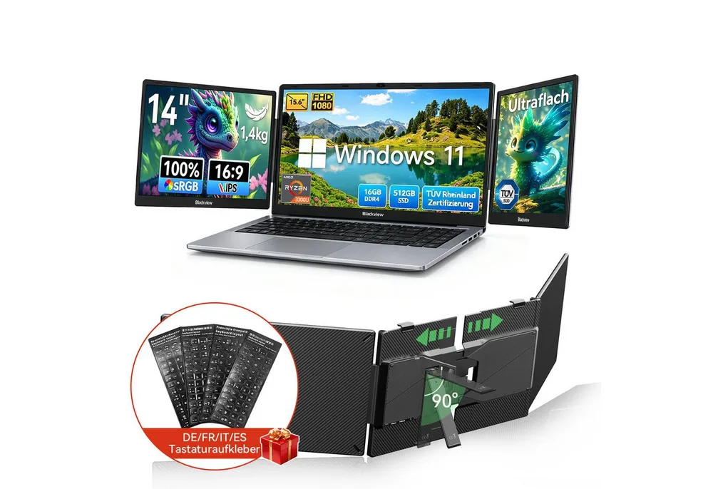 blackview 15,6" Acebook6 AMD Ryzen Laptop 16GB RAM 512GB SSD Win 11 Notebook (Radeon Ryzen 3300U AMD Ryzen 3300U, 16 GB, 512 GB SSD, 180° Drehung/Deutsche Tastaturaufkleber/Low Blue Light-Zertifizierung)