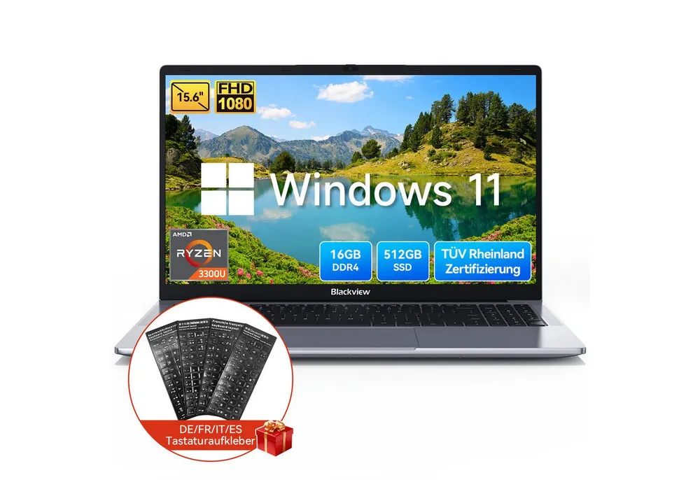 blackview 15,6" AMD Ryzen 3300U Laptop 16GB RAM 512GB SSD Win 11 Notebook (Radeon Ryzen 3300U AMD Ryzen 3300U, 16 GB, 512 GB SSD, 180° Drehung/Deutsche Tastaturaufkleber/Low Blue Light-Zertifizierung)