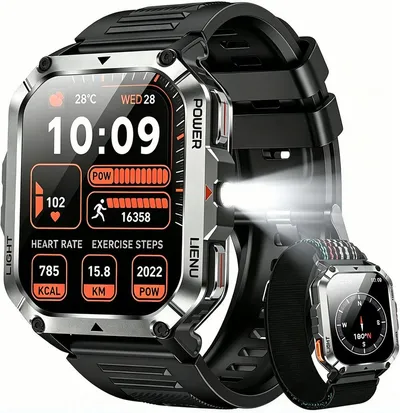 blackview 2,01'' Militär Smartwatch Herren mit 900mAh Fitnessuhr,100+ Sportmodi Smartwatch (5,1 cm/2,01 Zoll, iOS/Android), Sportuhr Herren mit 2 Armbändern,Taschenlampe,IP68,20 Tage Akku,SOS