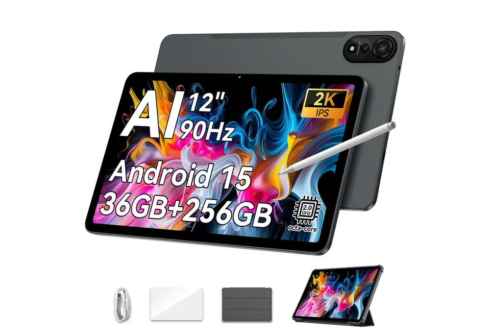 blackview 2026 12'' Tablet, 2K, Android 15 incl. Stift, Schutzhülle Tablet (12", 256 GB, 15, 2K, Android 15, 9000mAh, 256GB, AI, Full HD)