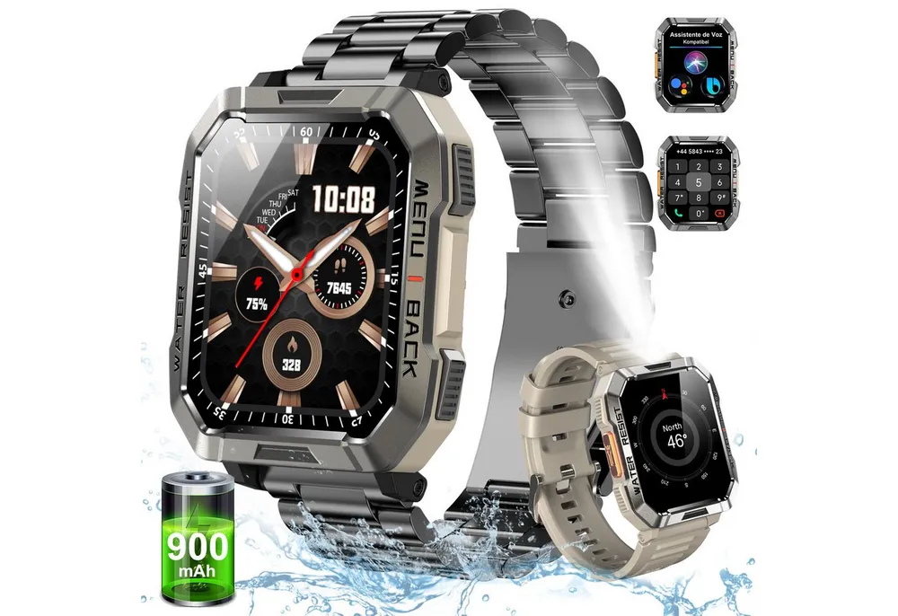 blackview 2026 900-mAh-Akku,Smartwatch Herren Militärqualität,100 Tage Standby Smartwatch (3 Zoll, iOS&Android) Packung, 2-tlg., 2 Armbänder / 3 Armbänder und Ladekabel, 2,01", LED Taschenlampe/Kompass/SOS,Schrittzähler, für Android und iOS