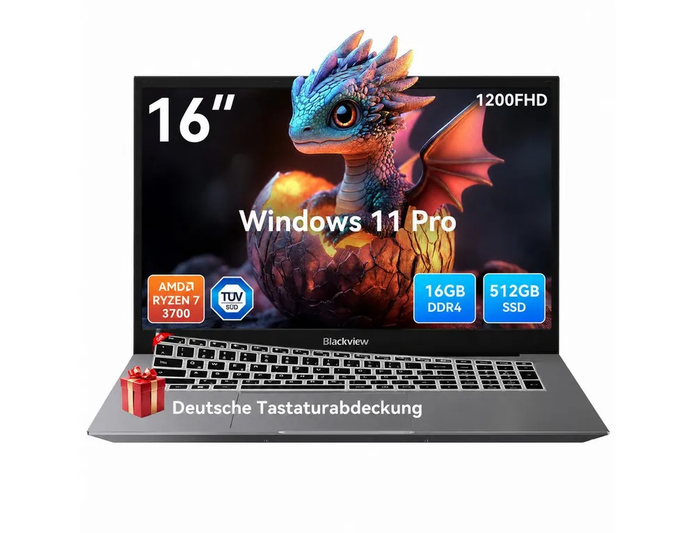 blackview 2026 augenschonend Computer 16" FHD Laptop AMD Ryzen 7 16 GB+512 GB Notebook (RadeonVega 10-Grafikkart AMD Ryzen 7 AMD Ryzen 7 3700U, AMD Ryzen 7 3700U, 16 GB, 512 GB SSD, TÜV-Augenschutz. Ultraleicht (1,65 kg / 17,4 mm). Windows 11 Pro)