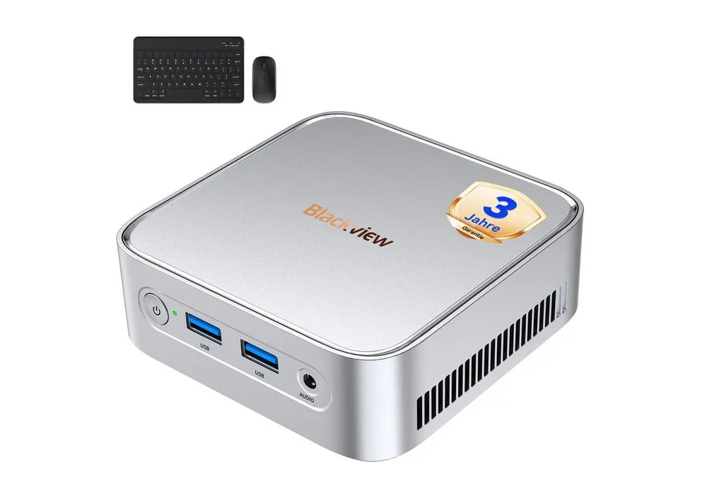blackview 2026 MP50 mit Tastatur und Maus, AMD Ryzen 5, 16GB +512GB Win 11 Pro Mini-PC (AMD AMD Ryzen 5 3500U, AMD Ryzen 5 3500U, 16 GB RAM, 512 GB SSD, 4K UHD, DP+HDMI, WiFi 5 gaming PC, Ultra-leiser Kompakter Desktop PC)