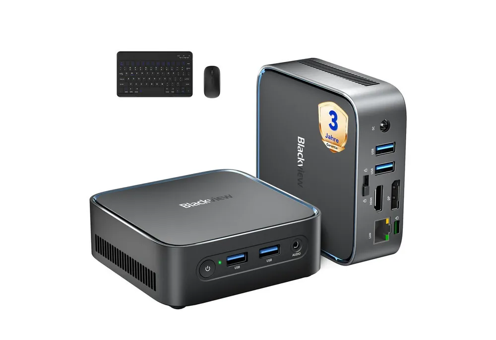 blackview 2026 MP50 mit Tastatur und Maus, AMD Ryzen 5, 16GB +512GB Win 11 Pro Mini-PC (AMD AMD Ryzen 5 3500U, AMD Ryzen 5 3500U, 16 GB RAM, 512 GB SSD, 4K UHD, DP+HDMI, WiFi 5 gaming PC, Ultra-leiser Kompakter Desktop PC)