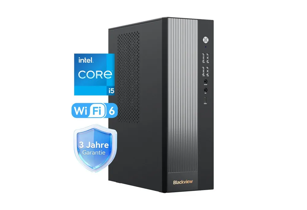 blackview 2026 NEX60 Desktop PC Intel Core 5 16GB RAM 512GB SSD Leiser Kühler Gaming-PC (Intel Intel Core 5, Intel UHD Graphics, 16 GB RAM, 512 GB SSD, Windows 11 Pro, 4K UHD/WiFi 6 gaming PC, Kompakt, Extrem leise)
