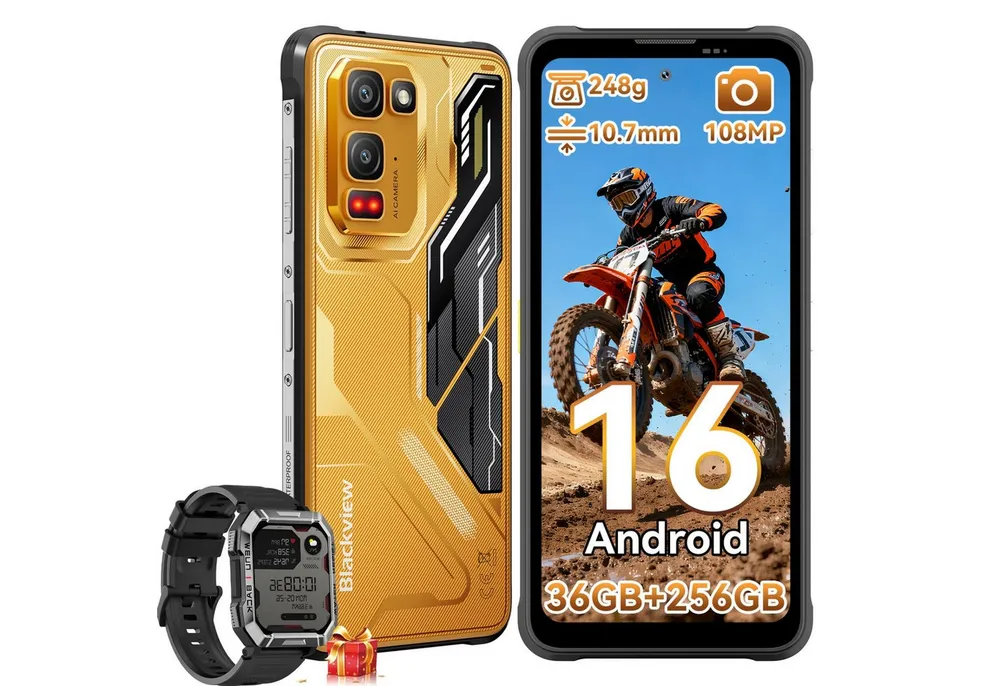 blackview FORT 5 Android 16, 108 MP Hauptkamera incl. W60 AI Outdoor Smartphone (6,78 Zoll, 256 GB Speicherplatz, 108 MP Kamera, Android 16, 108MP, 120Hz, IP68/IP69K, NFC, Night vision)