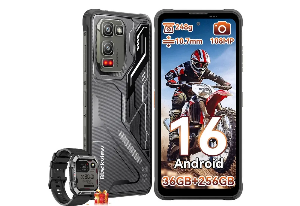 blackview FORT 5 Android 16, 108 MP Hauptkamera incl. W60 AI Outdoor Smartphone (6,78 Zoll, 256 GB Speicherplatz, 108 MP Kamera, Android 16, 108MP, 120Hz, IP68/IP69K, NFC, Night vision)