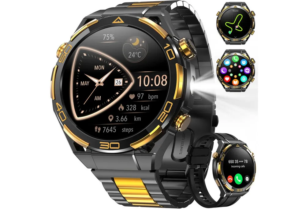 blackview GPS Herren-Smartwatch 2026,1,43" AMOLED, 14K Gold,900mAh Akku,Business Smartwatch (1.43 Zoll) Set, 1-tlg., mit Wechselband aus weichem Silikon und Ladekabel, 15 Tage Akku,Anrufe,HR,SpO2, Blutdruck, LED-Leuchte,2 Armbändern, IP68