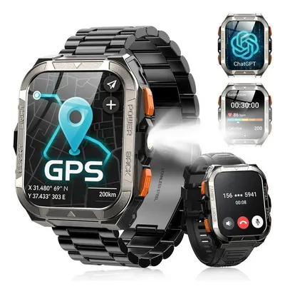 blackview GPS Smartwatch Herren mit 900mAh, LED Taschenlampen, 60 Tage Standby Smartwatch (1.91 Zoll, iOS&Android&HarmonyOS) Packung, 3xRiemen (Metallarmband+Silikonarmband+Geflochtenesband) und Ladekabel, 1,91",Taschenlampe/Kompass/SOS/Blutdruck/SpO2/HR/Chatgpt/Schritten